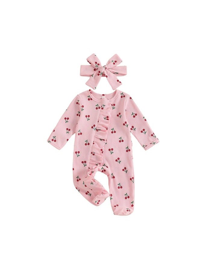 allshope Infant Baby Girl Fall Outfit Sweatshirt Romper Footies Cherry Print Ruffle Trim Jumpsuit Zip Up Onesie Newborn Winter Clothes, Color Pink, 3-6 Months - Image 1