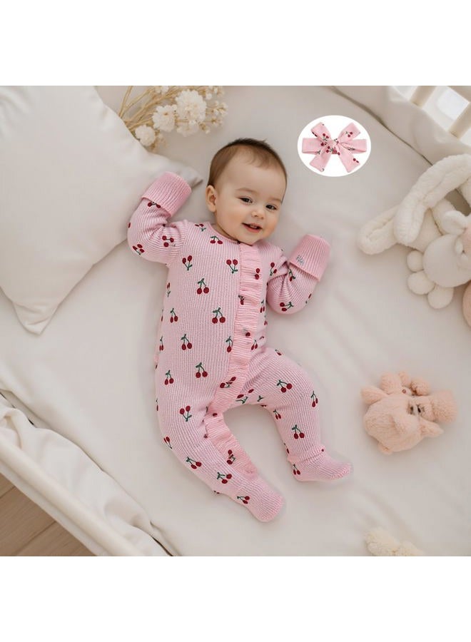 allshope Infant Baby Girl Fall Outfit Sweatshirt Romper Footies Cherry Print Ruffle Trim Jumpsuit Zip Up Onesie Newborn Winter Clothes, Color Pink, 3-6 Months - Image 3