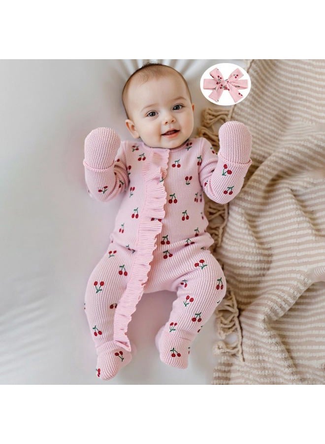 allshope Infant Baby Girl Fall Outfit Sweatshirt Romper Footies Cherry Print Ruffle Trim Jumpsuit Zip Up Onesie Newborn Winter Clothes, Color Pink, 3-6 Months - Image 4