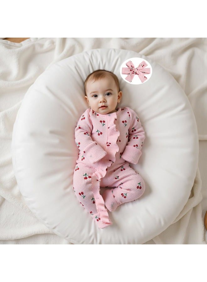 allshope Infant Baby Girl Fall Outfit Sweatshirt Romper Footies Cherry Print Ruffle Trim Jumpsuit Zip Up Onesie Newborn Winter Clothes, Color Pink, 3-6 Months - Image 5