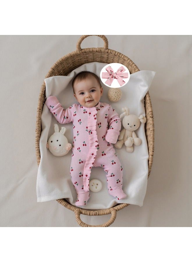allshope Infant Baby Girl Fall Outfit Sweatshirt Romper Footies Cherry Print Ruffle Trim Jumpsuit Zip Up Onesie Newborn Winter Clothes, Color Pink, 3-6 Months - Image 2