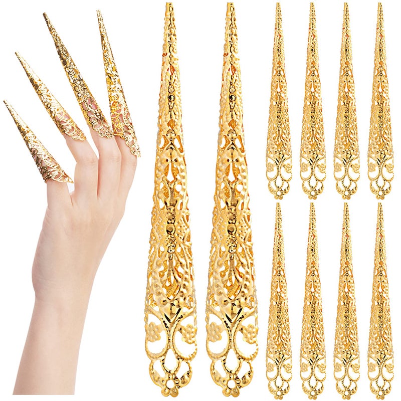 ANCIRS 20 Pack Finger Nail Tip Claw Rings Ancient Queen Costume Fingertip Claw Nail Rings Decoration Accessory Golden Color Finger Knuckle Protectors for Halloween Cosplay Drama Dance Show