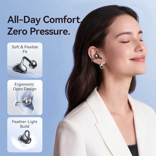 Kinglucky Upgraded Clip-On Earbuds Comfortable fit & Crystal-Clear Sound, 50H Playtime Open Ear Buds Bluetooth 5.4 Wireless Headphones for Women Ideal for Small Ears,Sports,Workouts,Glasses Black - Image 3