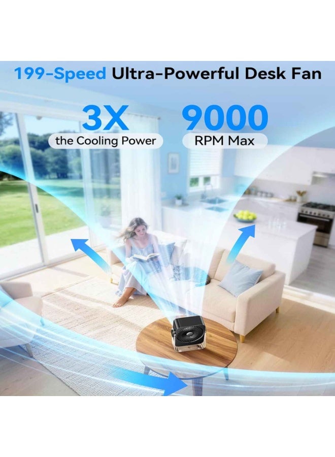 مروحة مكتبية USB لغرفة النوم، مع 4 لصقات تبريد مجانية، و199 سرعة لتدفق الهواء التوربيني، ومروحة محمولة مع تبريد بالثلج، وشاشة عرض رقمية، ومروحة طاولة هادئة، ومراوح مكتبية صغيرة دوارة تعمل ببطارية قابلة لإعادة الشحن للمنزل والمكتب (أسود) - Image 5