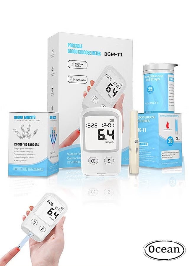 Ocean Blood Glucose Monitor, Portable Blood Sugar Test Kit, Large Display Digital, 1 Lancing Device, 25 Test Strips and 25 Blood Lancets, Accurate Blood Sugar Level Checker, Home Sugar Blood Test Monitor  - Image 1