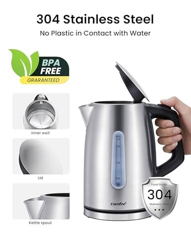 COMFEE' Stainless Steel Electric Kettle, Temperature Control with 6 Presets, 1-Hr Keep Warm, Kettle Water Boiler 1.7 Litres, 1500W with Viewing Window, Auto-Off and Boil-Dry Protection - Image 4