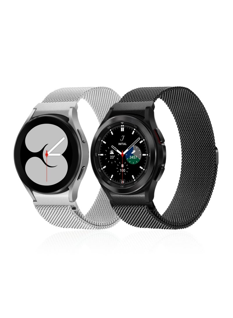 2 Packs No Gap Metal Bands Compatible with Samsung Galaxy Watch 4 Band 40mm 44mm/ for Galaxy Watch 4 Classic Band 42mm 44mm, Milanese Loop Stainless Steel Magnetic Strap for Men Women, Black/Silver