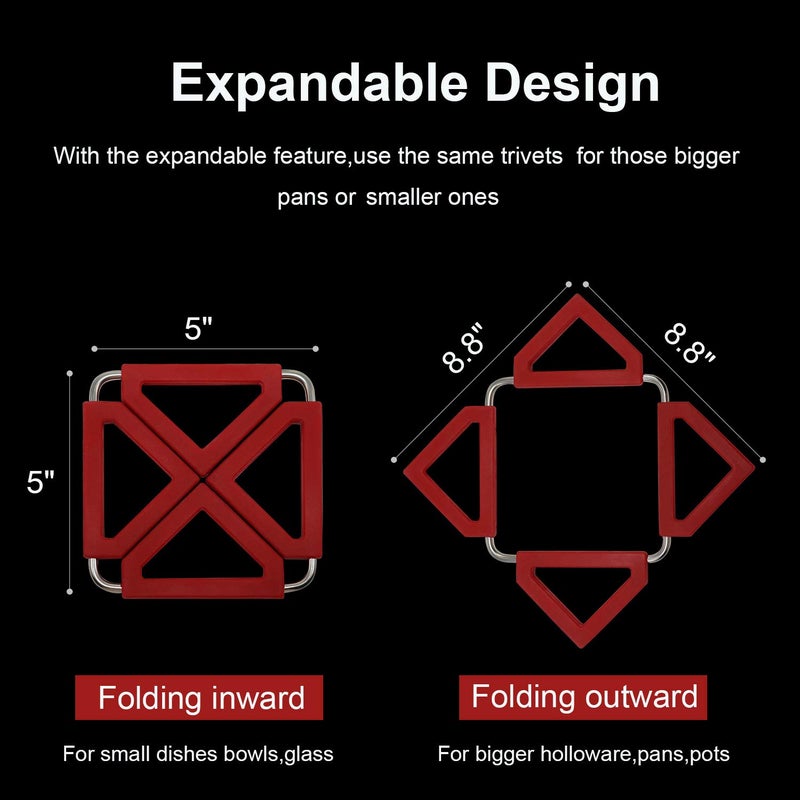 ريلاينسر مجموعة مكونة من 5 بساط من السيليكون حامل وعاء ساخن قابل للتوسيع مع إطار من الفولاذ المقاوم للصدأ للمطبخ المنزلي وسادات ساخنة معزولة مقاومة للحرارة ووسادات أطباق وحصيرة أطباق ومفرش أطباق للمقالي الساخنة - Image 3