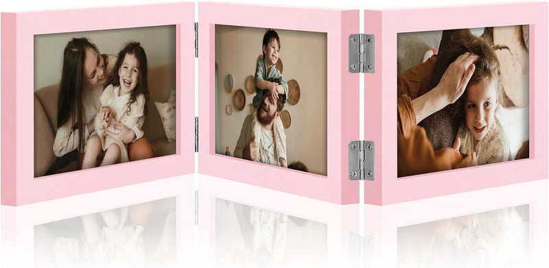decorUhome Triple 6x4 Picture Frame Horizontal, Engineered Wood Trifold Photo Frame with Plexiglass for Tabletop Display, 6x4, Pink - Image 1