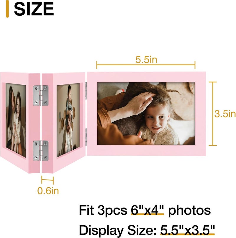 decorUhome Triple 6x4 Picture Frame Horizontal, Engineered Wood Trifold Photo Frame with Plexiglass for Tabletop Display, 6x4, Pink - Image 4