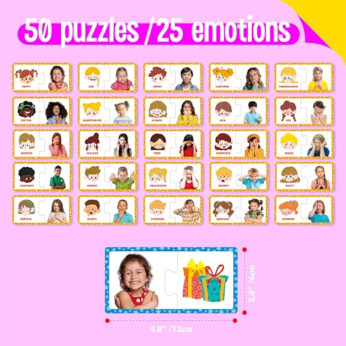 SpriteGru Feelings Emotions Puzzle Cards 50PCS Puzzles with Different MoodsLearn to Identify Various Feelings Learning Toy for Kids with Autism ADHD Educational Tools for Therapy Classroom Home Use - Image 5