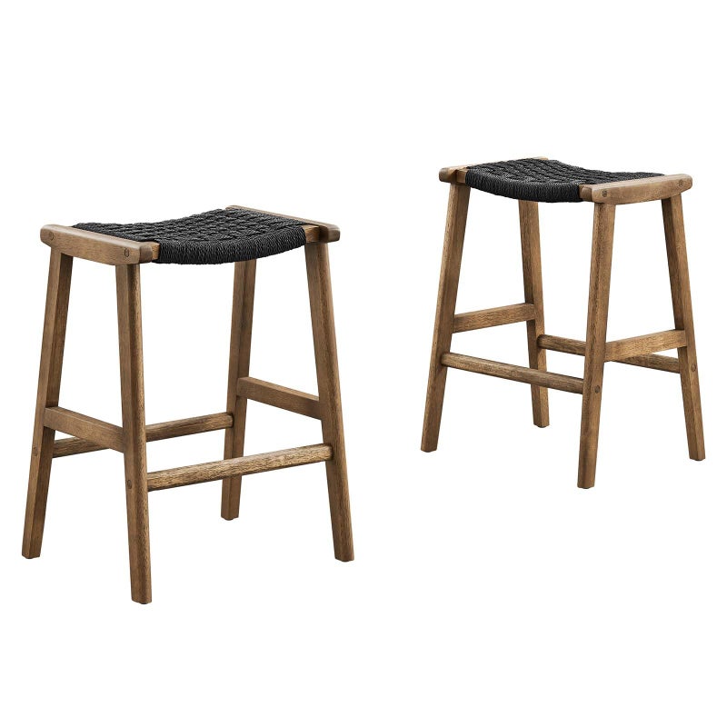Modway Saoirse Woven Rope Wood Counter Stool  Set of 2 in Walnut Black