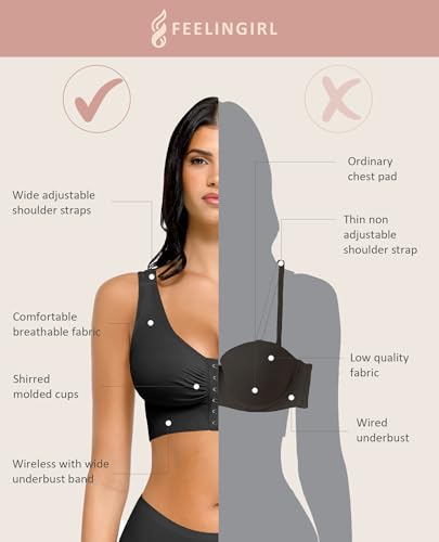 FeelinGirl Women Front Closure Post Surgery Compression Everyday Bras for Mastectomy Support with Adjustable Straps Wirefree Black L - Image 2