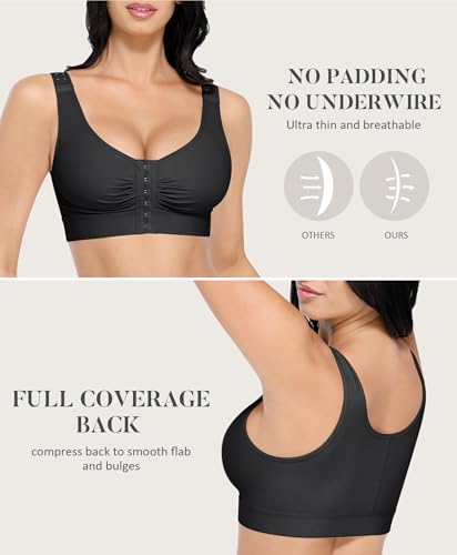FeelinGirl Women Front Closure Post Surgery Compression Everyday Bras for Mastectomy Support with Adjustable Straps Wirefree Black L - Image 4