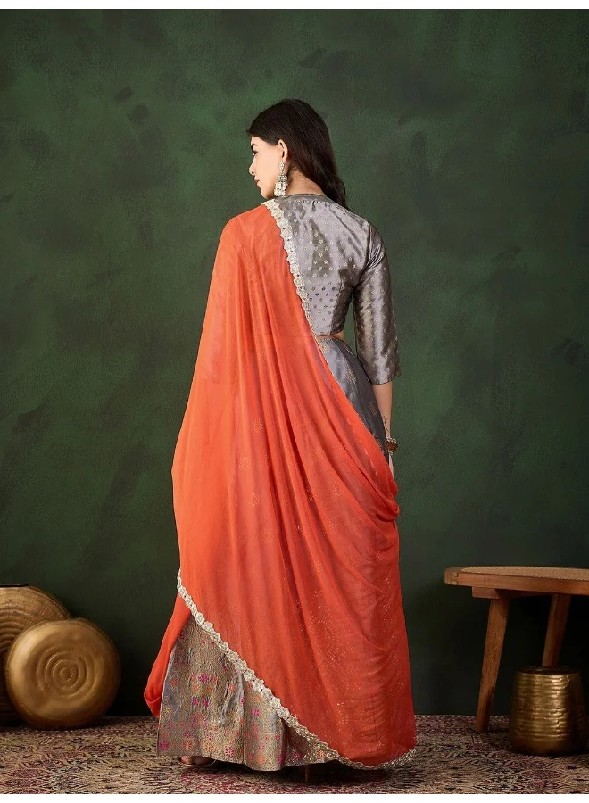 AKS Grey And Orange Jacquard Lehenga Choli With ContrastDupatta