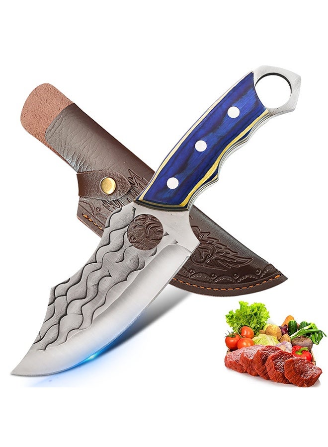 Saiboro Blue Handle Hammered Pattern Ring Knife + Leather Sheath,Hammered Viking Knife, Hand-Forged Butcher Knife, High Carbon Steel Kitchen Chef Knives - Image 1