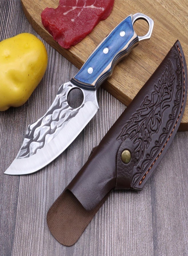 Saiboro Blue Handle Hammered Pattern Ring Knife + Leather Sheath,Hammered Viking Knife, Hand-Forged Butcher Knife, High Carbon Steel Kitchen Chef Knives - Image 4