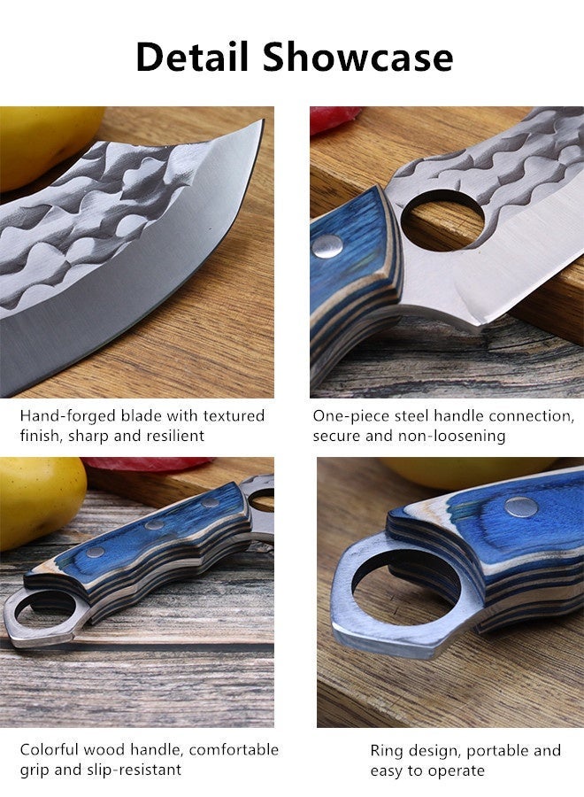 Saiboro Blue Handle Hammered Pattern Ring Knife + Leather Sheath,Hammered Viking Knife, Hand-Forged Butcher Knife, High Carbon Steel Kitchen Chef Knives - Image 3