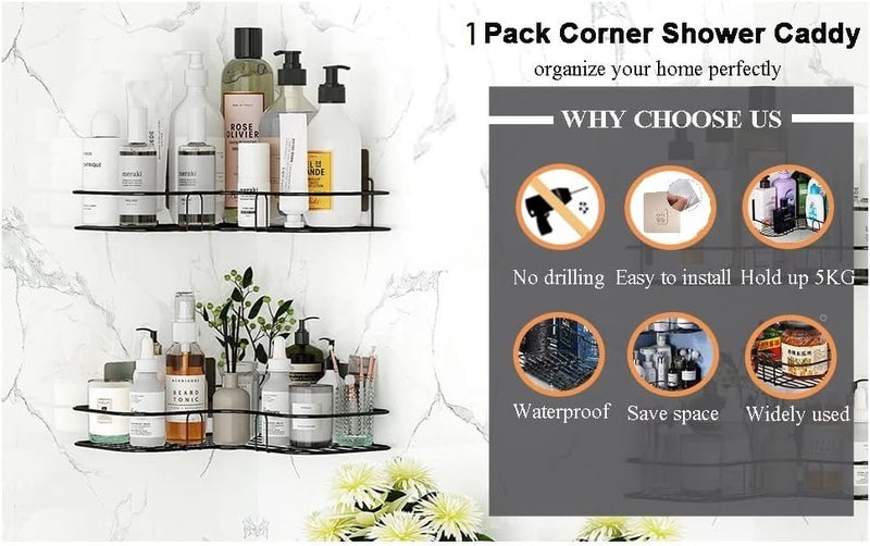 Kmils Modern Wall Mounted Self-Adhesive Metal Bathroom Accessories Storage Corner Rack, Bathroom Rack, Bathroom Shelf Organizer, Shampoo Holder for Bathroom ( Pack of 1 Piece )(Black) - Image 4