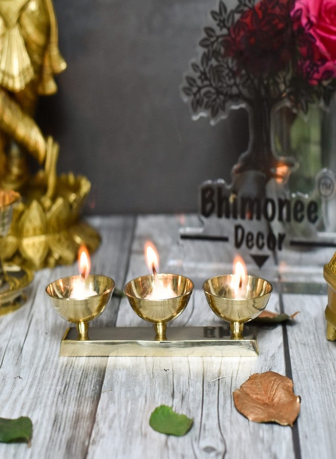 Bhimonee Decor مصباح بهيموني ديكور من النحاس الخالص بثلاثة خطوط | 1.75 بوصة | مصباح بوجا تقليدي | عبوة من قطعة واحدة - Image 1