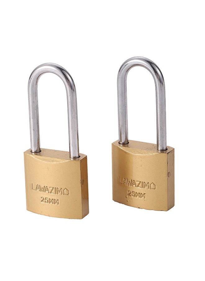 LAWAZIM - Brass Padlock-2 Piece 25mm - Keyed Tamper-proof Weather-resistant Long Shackle Lock Enhanced Security Protection from Theft for Gates Doors Sheds Lockers Toolboxes Bikes Luggage and Cabinets - Image 1