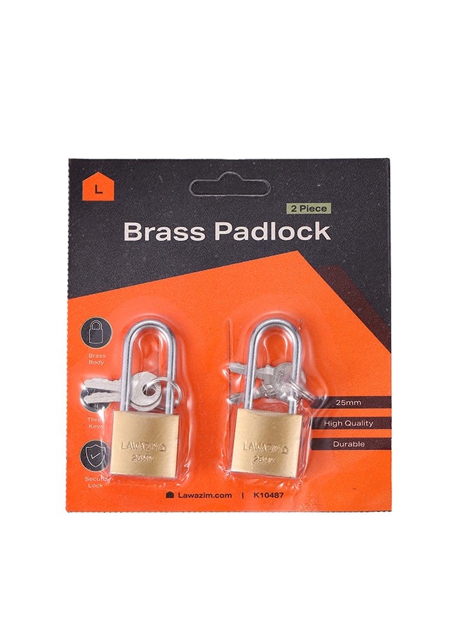 LAWAZIM - Brass Padlock-2 Piece 25mm - Keyed Tamper-proof Weather-resistant Long Shackle Lock Enhanced Security Protection from Theft for Gates Doors Sheds Lockers Toolboxes Bikes Luggage and Cabinets - Image 1