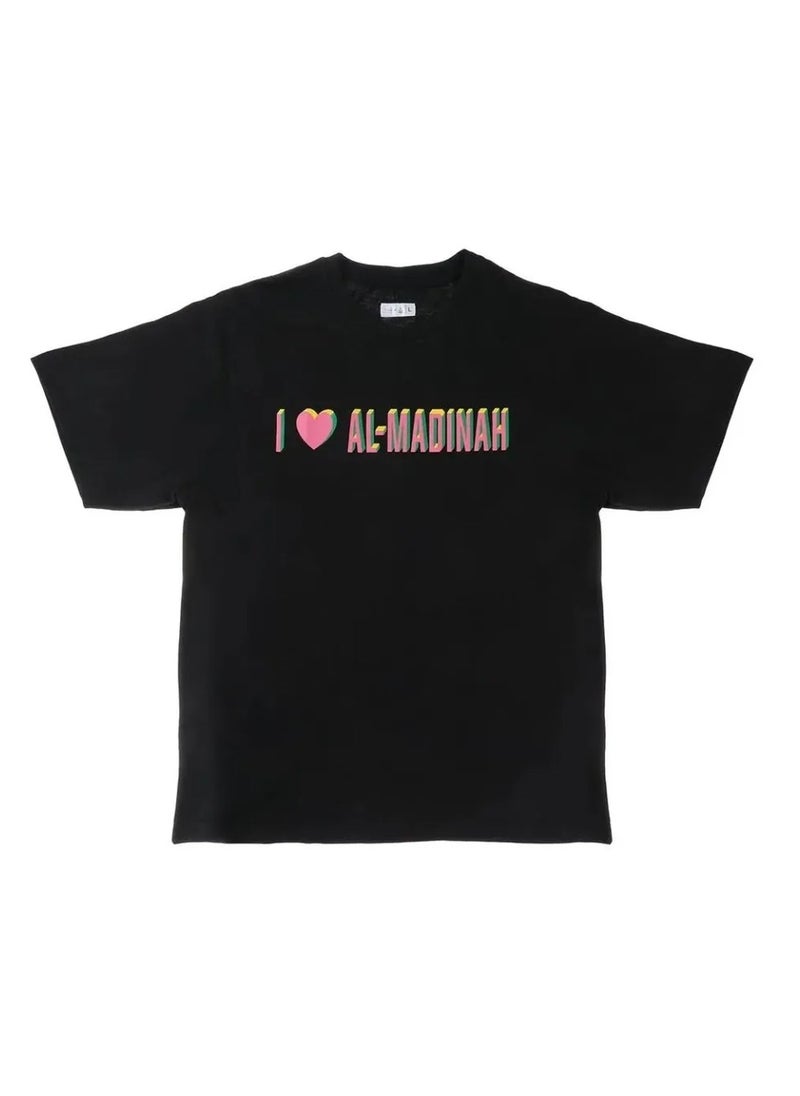 SHABABUNA x HNAK - Cotton T-shirt from the Love collection by Shababuna X Hnak - printed with the phrase “I Love Madina” | Made of 100% cotton, Short sleeves and a round neck | Original Saudi products | Black - Image 1