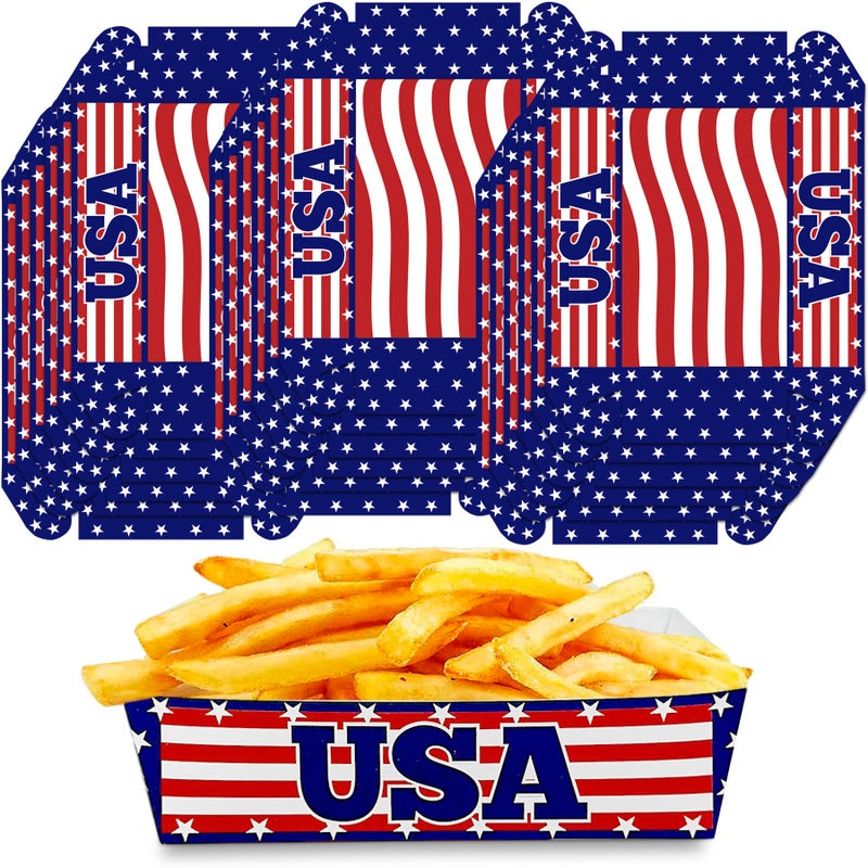 BASHOUT American Flag Paper Food Trays 50 Pcs Disposable USA Flag Concession Snack Tray Patriotic Baskets for Nachos Chips Candy 4th of July Party Decorations Red White and Blue Boat