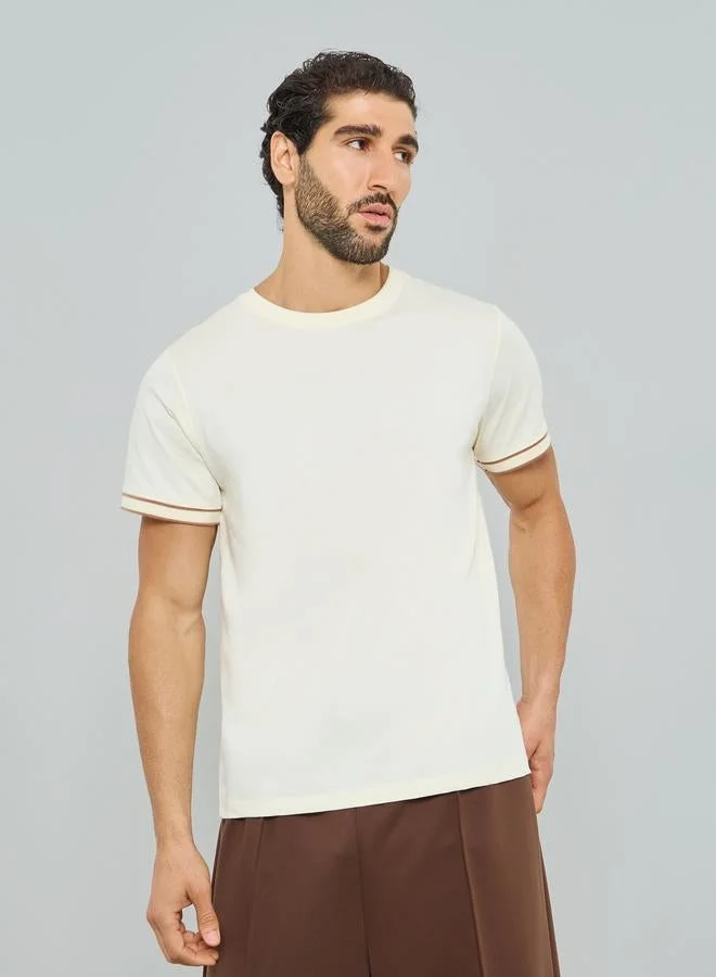Styli Men Cream Crew Neck Regular Fit T-Shirt
