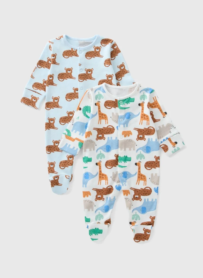 Matalan 2 Pack Baby Multicolour Safari Sleepsuit