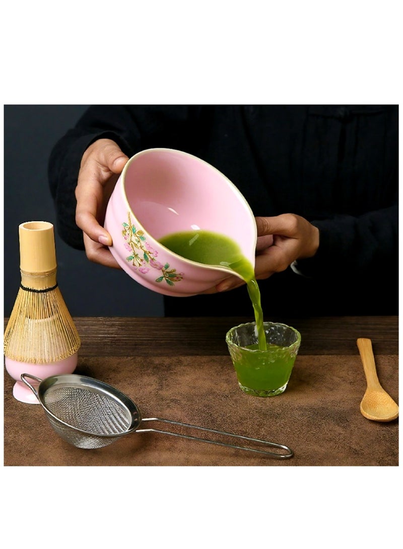 مجموعة مكونة من 6 قطع من خفاقة الماتشا الوردية، وعاء الماتشا مع فوهة، خفاقة الماتشا وحامل، منخل، ملعقة من الخيزران وملعقة تقديم، مجموعة صنع الماتشا المثالية لمحبي الماتشا وحفلات الشاي. - Image 4