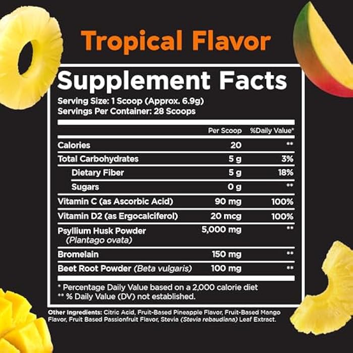 Pinch Magic Sugar Free Fiber Powder – Light Tropical Flavor Psyllium Husk with Bromelain & Vitamins C & D – Vegan, Gluten-Free, Clean Label, USA-Made, GMP-Certified – 28-Day Supply - Image 4