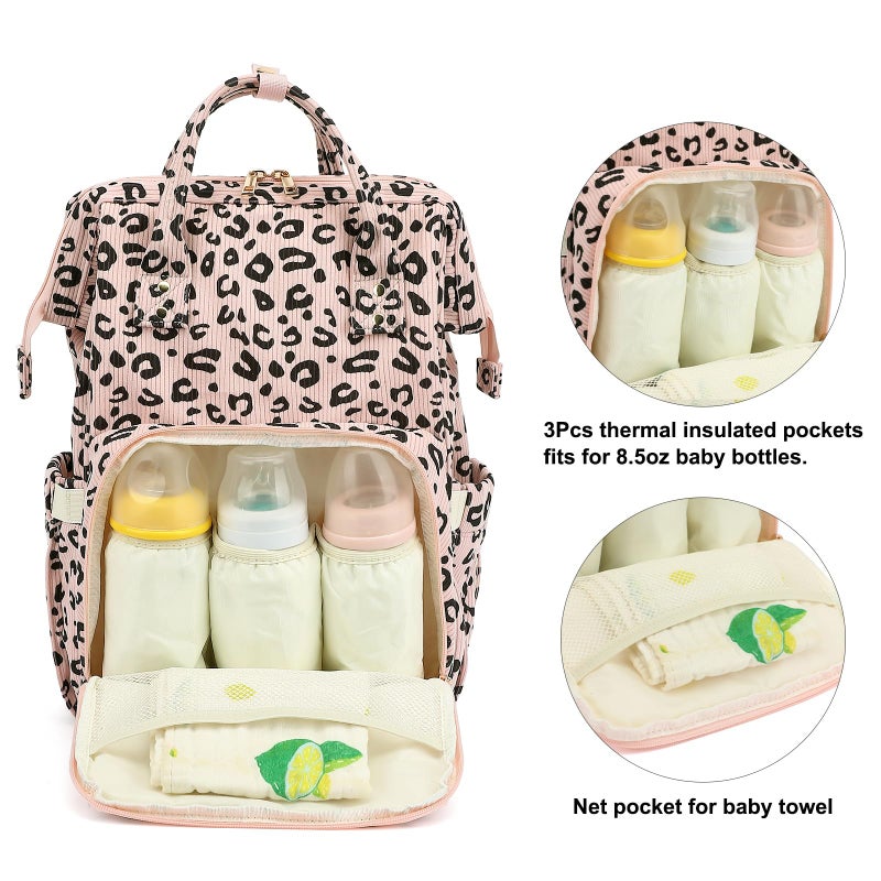 Yusudan Corduroy Diaper Bag Backpack for Baby Girls Boys, Women Large Nappy Bags for Mom (Pink Corduroy Leopard) - Image 3
