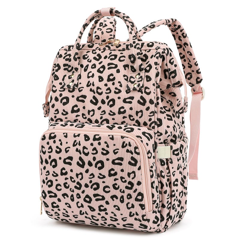 Yusudan Corduroy Diaper Bag Backpack for Baby Girls Boys, Women Large Nappy Bags for Mom (Pink Corduroy Leopard) - Image 1