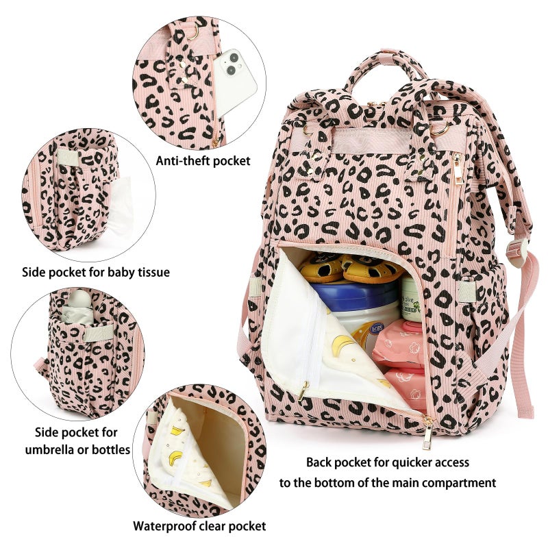 Yusudan Corduroy Diaper Bag Backpack for Baby Girls Boys, Women Large Nappy Bags for Mom (Pink Corduroy Leopard) - Image 4