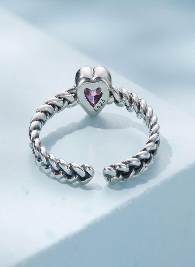 Qings Heart Adjustable Ring 925 Sterling Silver Open Stackable Engagement Rings Pink Love Heart Cubic Zirconia Weave Ring Birthday Gifts for Women - Image 5