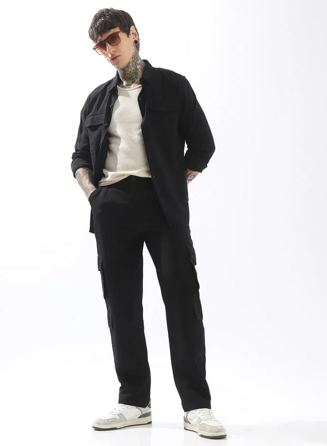 HIGH STAR Black Trousers Solid Button Woven Full Cargo Mid-Rise for Men – Make every day iconic
