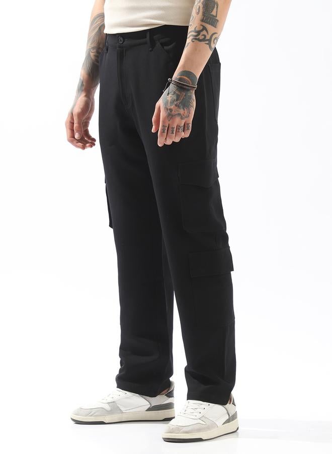 HIGH STAR Black Trousers Solid Button Woven Full Cargo Mid-Rise for Men – Make every day iconic - Image 3