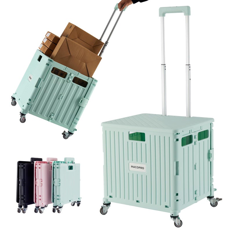 MACOPRO Folding Utility Cart Portable Rolling Crate Handcart Shopping Trolley Collapsible Tool Box with Lid Basket on 4 Rotate Wheels for Grocery Office Teacher Travel Shop Move Luggage Green