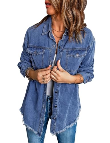 Vetinee Women's Womens Spring Fashion Oversized Boyfriend Nightfall Blue Front Button Up Frayed Raw Hem Long Sleeve Pockets Denim Jean Jacket Shacket Medium Size 8 Size 10 - Image 2