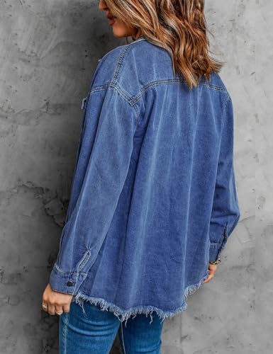Vetinee Women's Womens Spring Fashion Oversized Boyfriend Nightfall Blue Front Button Up Frayed Raw Hem Long Sleeve Pockets Denim Jean Jacket Shacket Medium Size 8 Size 10 - Image 3