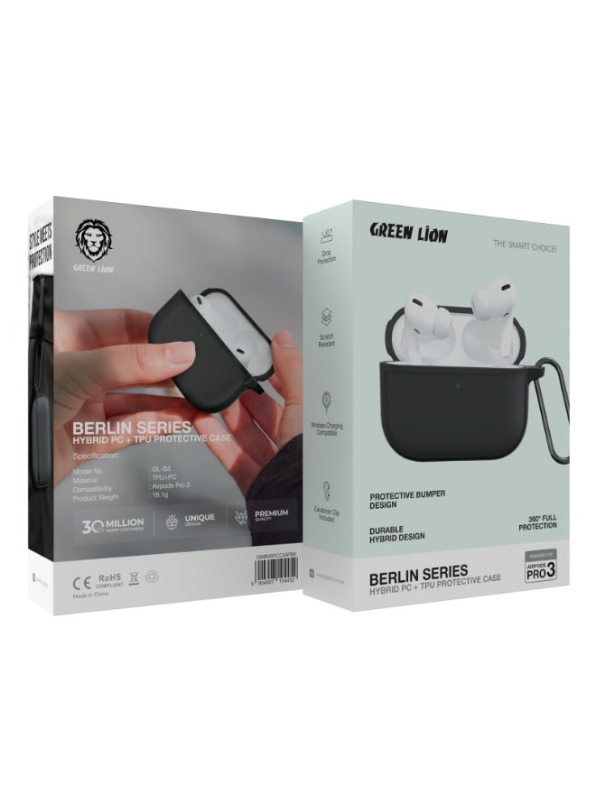 GREEN LION Berlin Series PC Case for  AirPods Pro 3 / Wireless Charging Compatible / Carabiner Clip Included / Scratch Resistant / Drop Protection / Durable Hybrid Design - Black - Image 4