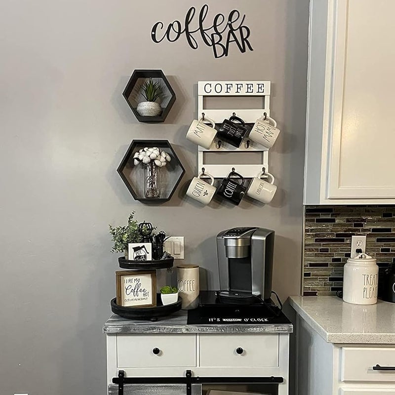 BPA® Coffee Mug Holder 17 x 13 inches Rustic Wall Mounted Cup Organizer, Wood Hanging Rack, 8 Hooks Kitchen Storage for Home, White - Image 2