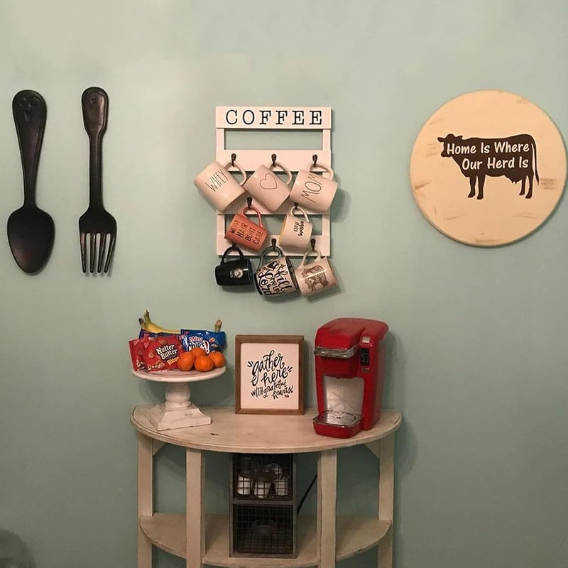 BPA® Coffee Mug Holder 17 x 13 inches Rustic Wall Mounted Cup Organizer, Wood Hanging Rack, 8 Hooks Kitchen Storage for Home, White - Image 3