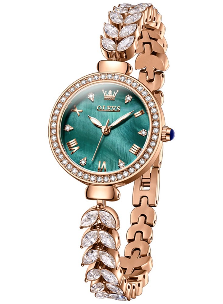 أوليفز ساعة يد نسائية بقرص من عرق اللؤلؤ المرصع بالألماس، سوار فاخر بتصميم ذيل السمكة من الفولاذ المقاوم للصدأ، مقاومة للماء، مضيئة، بمرآة مطلية عالية الصلابة - Image 1