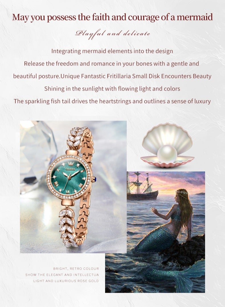 أوليفز ساعة يد نسائية بقرص من عرق اللؤلؤ المرصع بالألماس، سوار فاخر بتصميم ذيل السمكة من الفولاذ المقاوم للصدأ، مقاومة للماء، مضيئة، بمرآة مطلية عالية الصلابة - Image 2