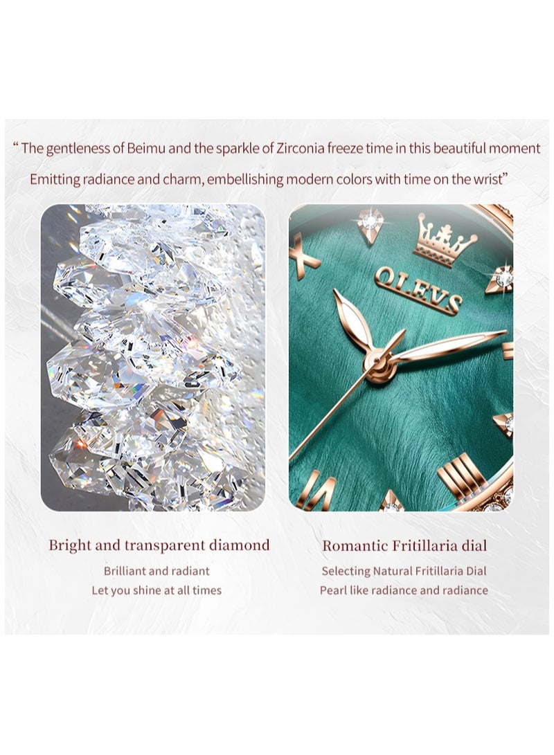أوليفز ساعة يد نسائية بقرص من عرق اللؤلؤ المرصع بالألماس، سوار فاخر بتصميم ذيل السمكة من الفولاذ المقاوم للصدأ، مقاومة للماء، مضيئة، بمرآة مطلية عالية الصلابة - Image 3
