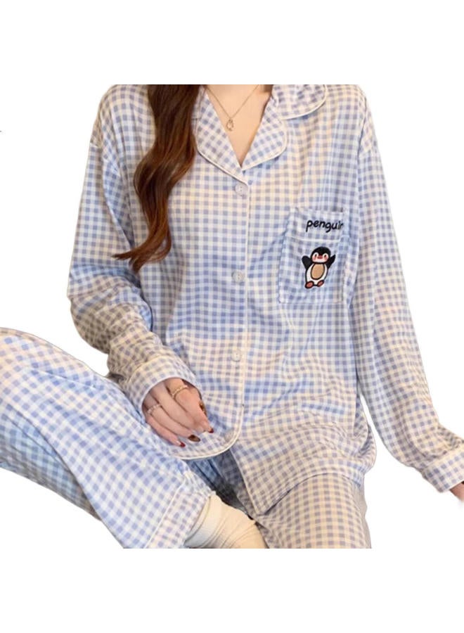 Modal Women'S Spring And Autumn Long Sleeve Long Pants Cute Embroidered Penguin Simple Plaid 25 New Home Wear Set - Image 1