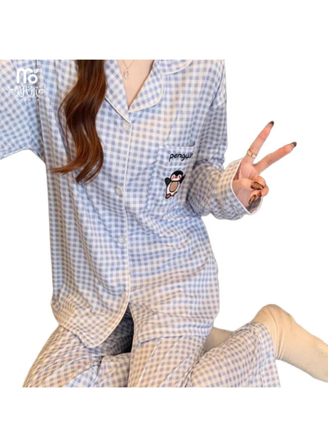 Modal Women'S Spring And Autumn Long Sleeve Long Pants Cute Embroidered Penguin Simple Plaid 25 New Home Wear Set - Image 3