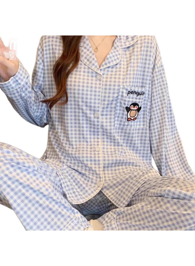 Modal Women'S Spring And Autumn Long Sleeve Long Pants Cute Embroidered Penguin Simple Plaid 25 New Home Wear Set - Image 2